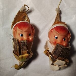 Vtg 50s Gold Lame Knee Hugger Pixie Elf Christmas Ornaments MCM Set Of 2